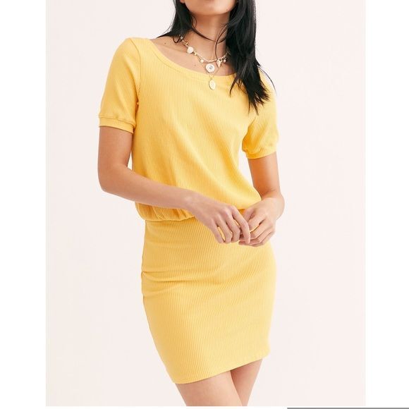Free People Happy Hour Dress Womens M Ribbed Mini Dress Cut Out Yellow FP  Beach | eBay
