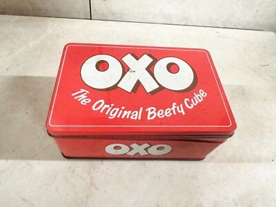 VINTAGE RED OXO CUBES ORIGINAL BEEFY CUBE ADVERTISING TIN LIDDED