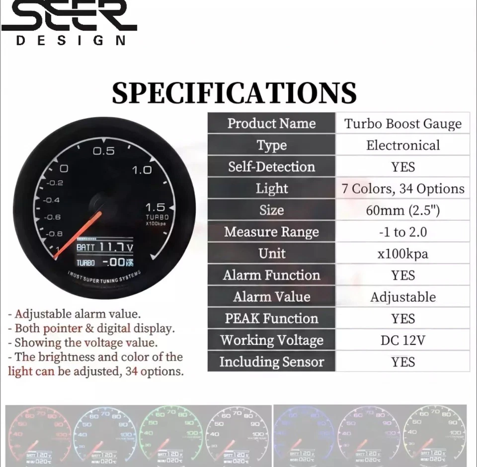 Car Turbo Boost Gauge 2.5'' 62mm Multi LCD Digital Display Racing Meter 7 Colors - Image 3 of 4