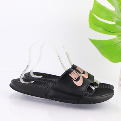 Nike Women's Benassi JDI Slide Sandal Size 10 Black Rose Gold Pool Flip Flop