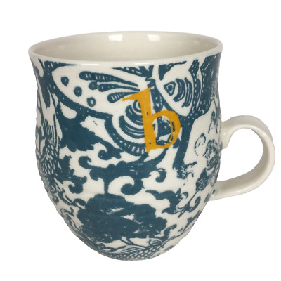 Anthropologie Monogram Initial b Mug Blue White Koi Butterflies Floral 16 oz