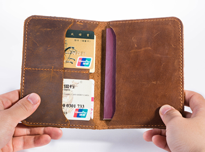 Cow Leather Passport Holder Bifold Wallet Card Pouch Brown H342-image