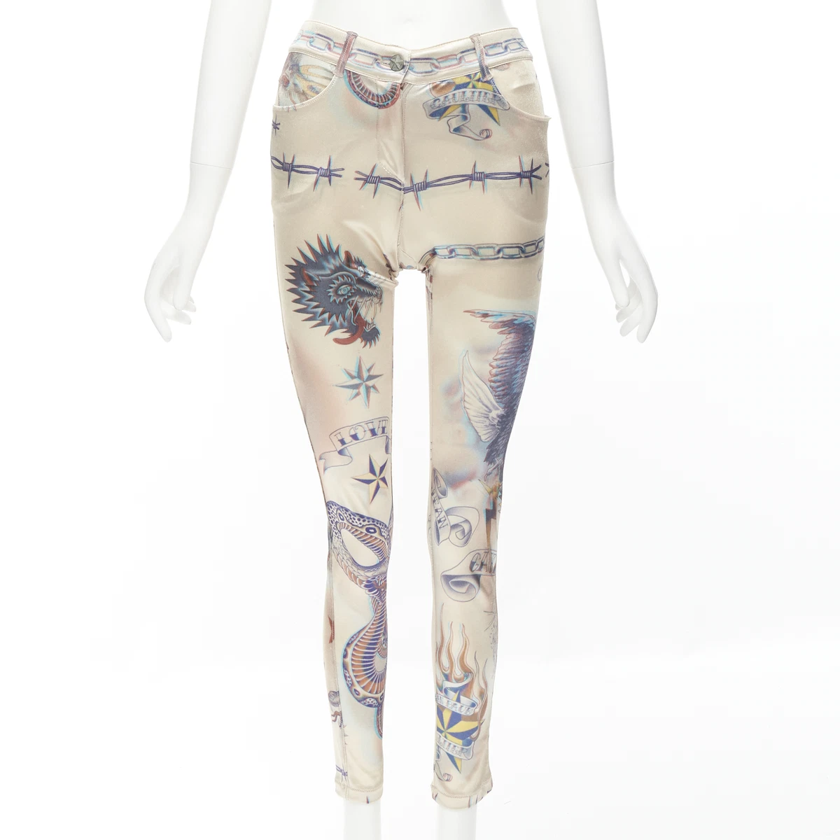 vintage JEAN PAUL GAULTIER Punk Tattoo print polyamide skinny pants FR34 US4 S