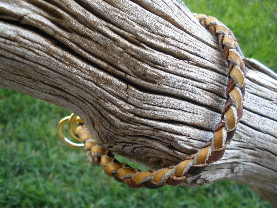 BRAIDED LEATHER SLIP/CHOKE COLLAR, 3/8" X 13.5", BROWN &TAN, BRASS RINGS - Image 3 of 4