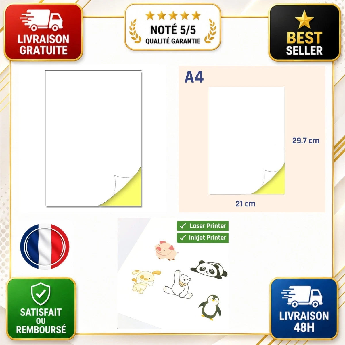 TownStix 25 Feuilles Papier Autocollant A4 Mat pour Imprimante Jet d'Encre et