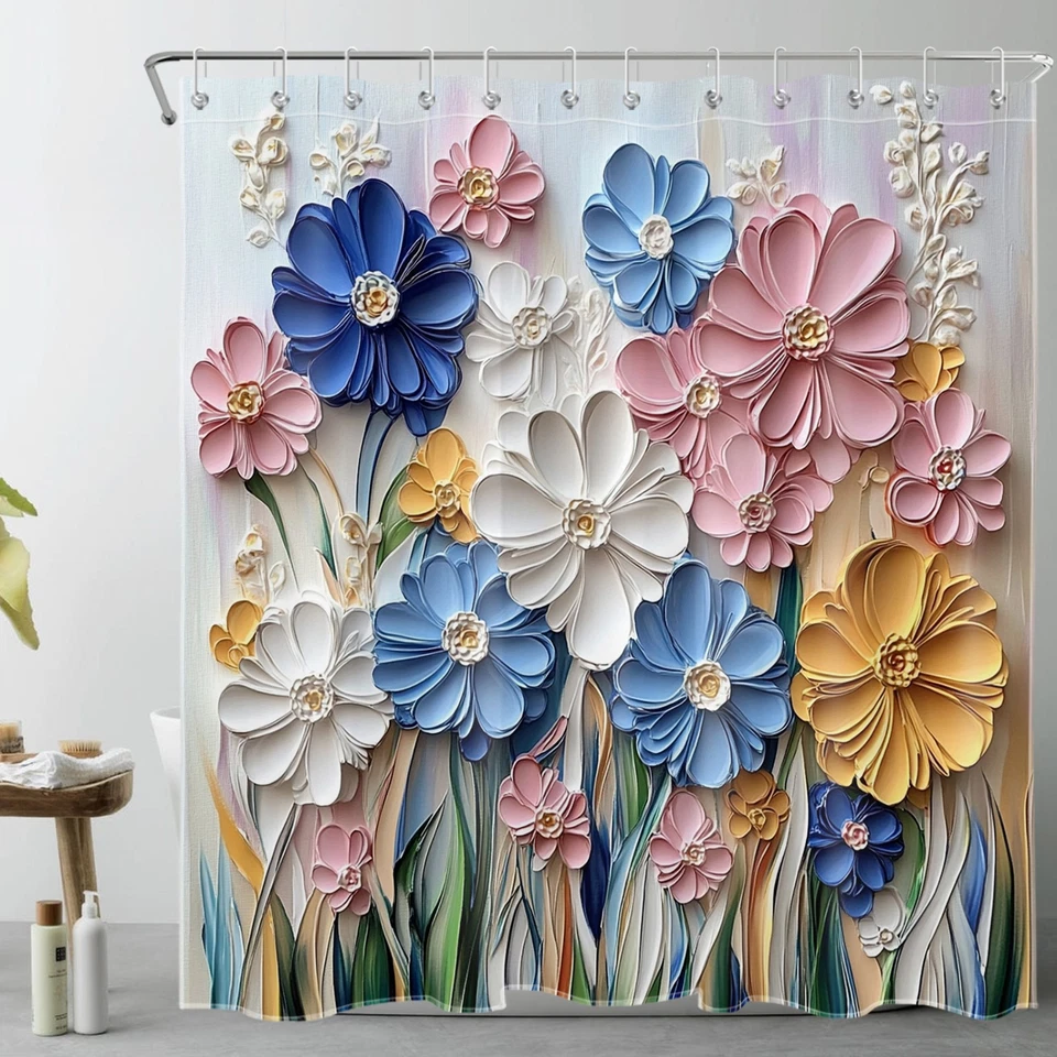 Watercolor Plant Pink and Blue Floral Shower Curtain Bathroom Accessories Set - Image 2 of 4