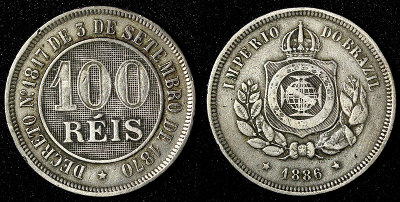 BRAZIL Pedro II Copper-Nickel 1886 100 Reis 1st Year for Type VF KM# 483 (278)