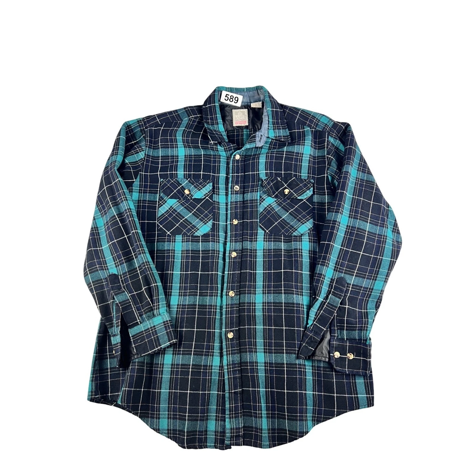 Outdoor Exchange Flannel Shirt Blue Black Plaid Long Sleeve Button Front Workwea
