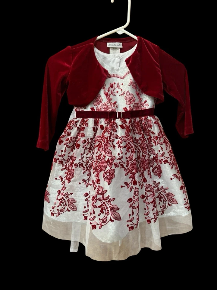 Vestido Jona Michelle Niñas Talla 4T Rojo y Blanco Con Chaqueta De Terciopelo 2 Piezas Nuevo Sin Etiquetas Foto 2 de 4
