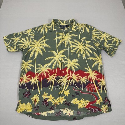 Polo Ralph Lauren Shirt Men Large Green Rayon Loop Collar Button Up Hawaiian 90s