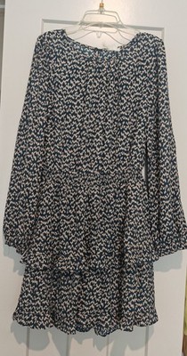 Hem & Thread S A-Line Dress Dark Green Beige Abstract Layered Long Sleeve