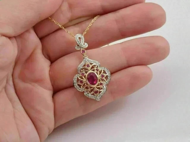 2Ct Oval Cut Lab-Created Red Ruby Flower Pendant … - image 2