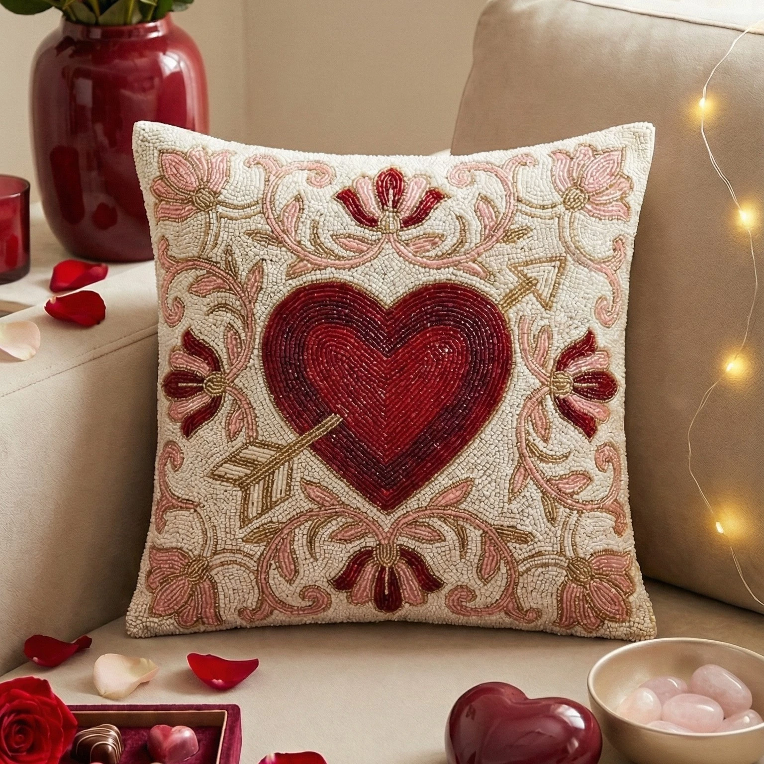 Handmade Beaded Heart Throw Pillow Cover, Romantic Floral Cushion, Valentine's
Opens in a new window