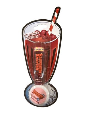Vintage Lotta Luv 2pc Lip Balm & Gloss Set Raspberry Smoothie Glass/Straw Card