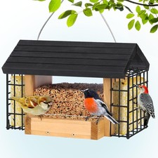 Hopper Bird Feeder for Outdoors Hanging, Wooden Bird Feeder with Double Suet Cag