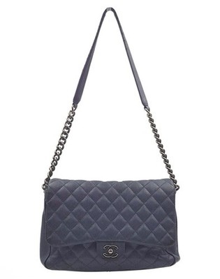 CHANEL M/L Classic Double Flap Steel Blue Caviar Ruthenium HW 17B Authentic