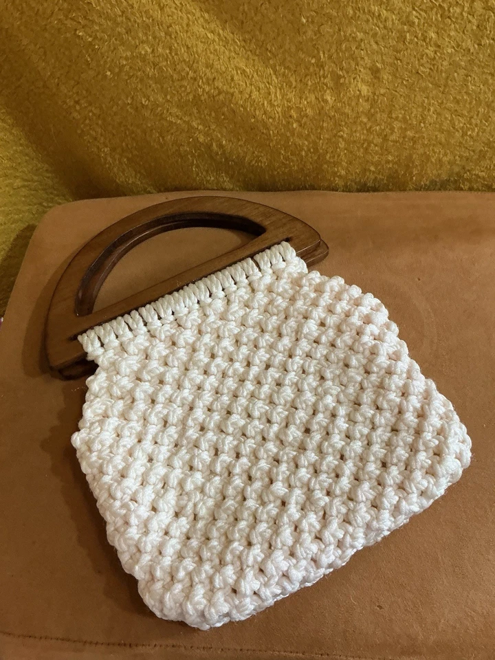 Vtg Macrame Hand Bag Cream Purse Wood Handles Jute Rope Twist 70s Handmade Boho - Image 2 of 3