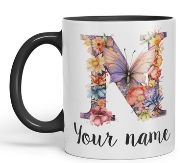 Personalisierte Tasse Buchstabe N individuell Blumen Schmetterling Alphabet Monogramm