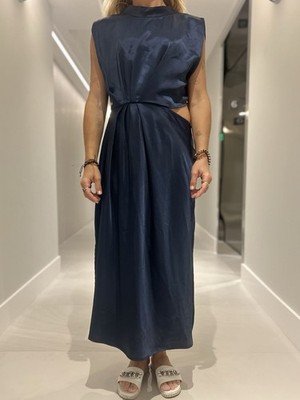 zara silk maxi dress long satin slip blue strappy royal floral appliqu Zara Sleeveless Navy Cutout Satin