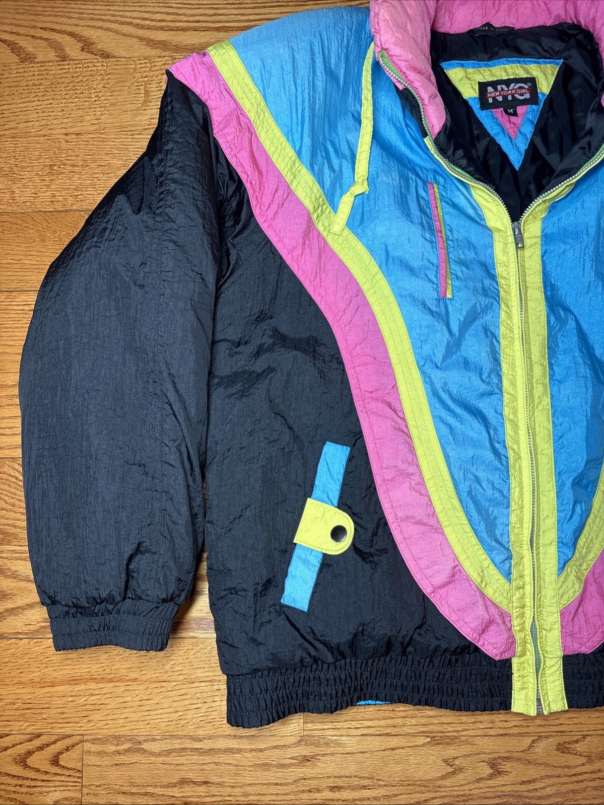 Vtg Rare Retro NY Girl 1980s Neon Puffer Ski Jacket Coat Zip Medium Unisex image 4