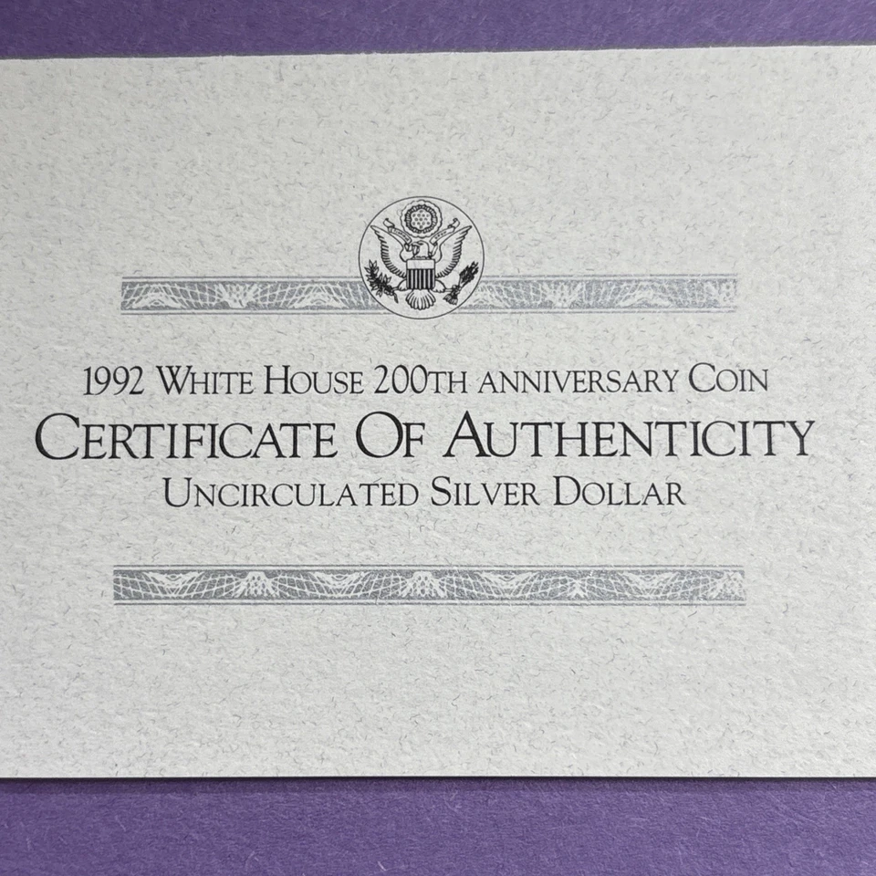 1992 US Mint White House 200th Anniversary UNC Silver Dollar w/ COA - Image 4 of 4