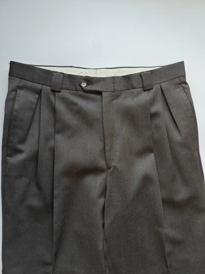 🇺🇲 Pantalones de vestir Mark Shale para hombre plisados delanteros de lana 35x30 marrón oscuro Foto 3 de 4