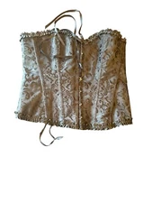 Silver Brocade Overbust Corset Top With Lace-Up Back & Ruffled Trim