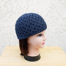 Dark Navy Blue Cotton Crochet Knit Hat Summer Beanie Womens Chemo Mens Skull Cap