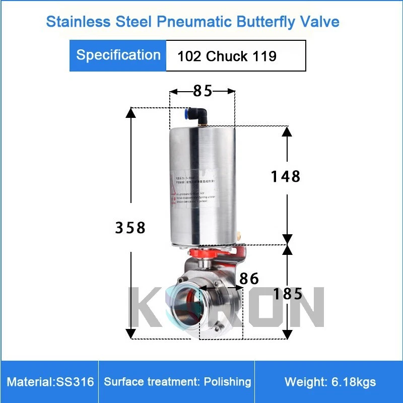 4'' Sanitary Pneumatic Butterfly Valve SS316L Clamp OD 119mm Single Acting - Image 2 of 4