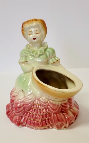 Vtg Lady with Bowl Planter Heart Lips Seniorita Ruffled Dress Green Rose 6" - Picture 3 of 12