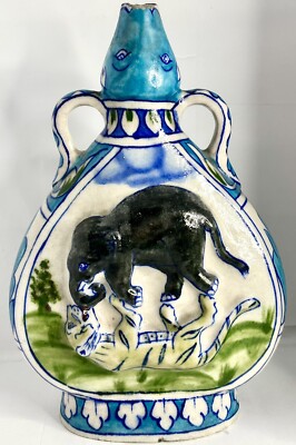 Antike 18. Jh. Stil Doppelhenkel Pilger Flachmann Vase Elefant Tiger A/F