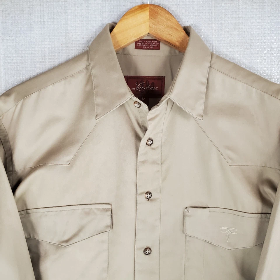 VTG LUCCHESE Mens Size Medium Western Sport Shirt Khaki Cotton Twill Made in USA - Image 3 of 4