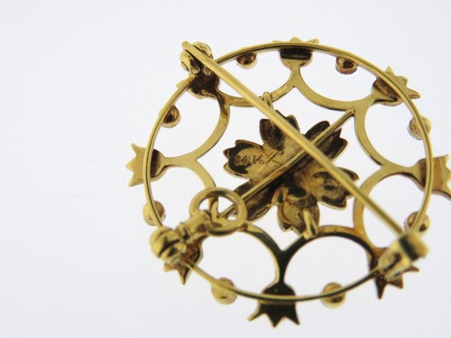 Broche/pin/colgante de perlas semilla de oro amarillo de 14 K década de 1920 - Imagen 5 de 5