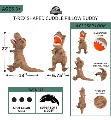 Jurassic World Niños T-Rex Almohada Buddy 22" Grande Felpa Dino Cuddle Almohada Pal - Imagen 2 de 2