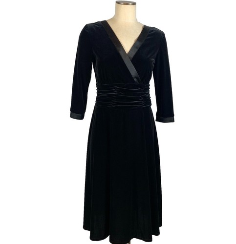 Sandra Darren Black Velvet Velour 3/4 Sleeve Fit n Flare Dress Size 12