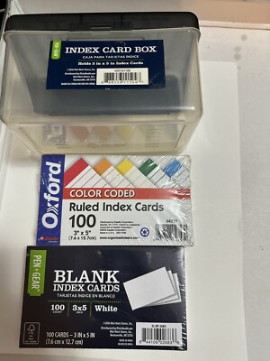 Index Card Box + 2 NEW SEALED Oxford Color Coded Ruled Index Cards 3 x 5 #04753
