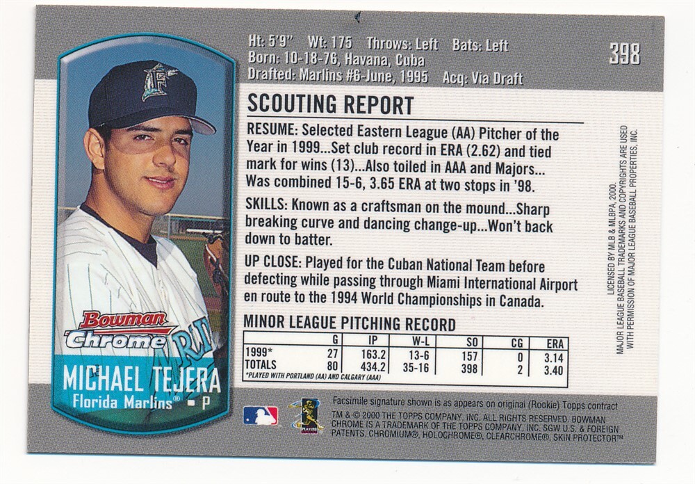 激レア 関係者球  GAMARADA 2000 MICHAEL TEJERA 2000 BOWMAN CHROME #398 RC ROOKIE MARLINS MINT | eBay