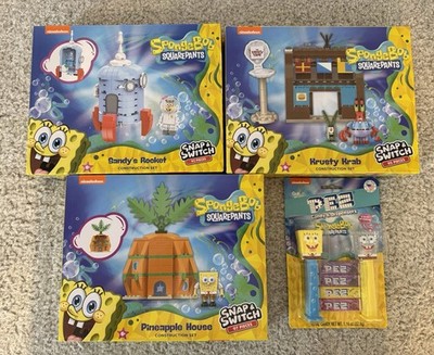 Lot Of SpongeBob Building Blocks & Pez Dispenser NIB Krusty Krab Sandy Pineapple