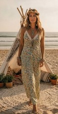 Wild Fable Dress Maxi Lace Silky Deep V neck long Slip Dress Floral XS Zip Boho