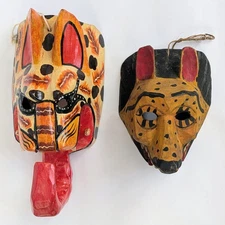 GUATEMALAN Mexican Wood Indigenous Folk Art Jaguar Leopard Animal 2 MASK Lot