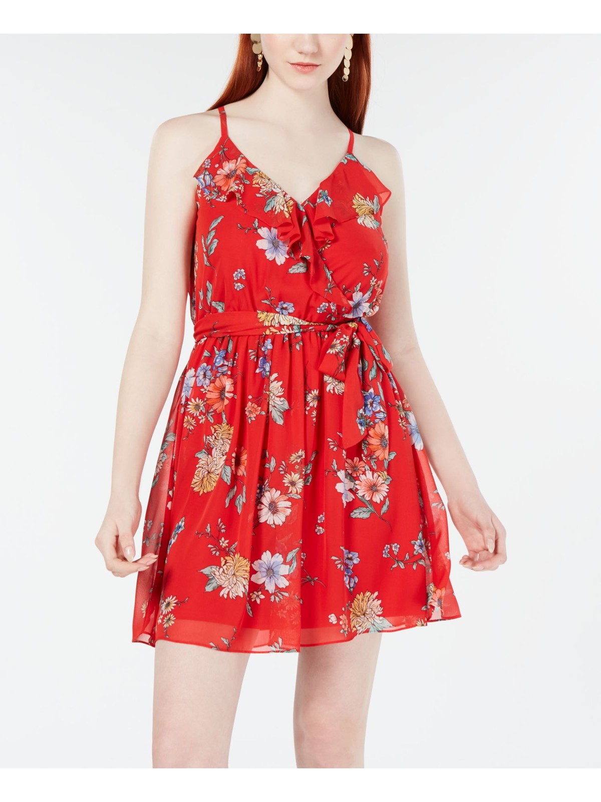 BCX Womens Red Floral V Neck Mini Fit + Flare Dress Size: XXS