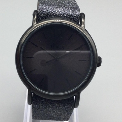 Timex Watch Womens 38mm Black Dial Gray Glitter Leather Strap T2P337 New Battery