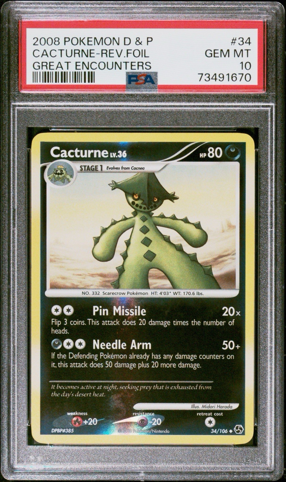 PSA 10 CACTURNE 34/106 | Great Encounters Reverse Holo Graded Pokemon POP 10