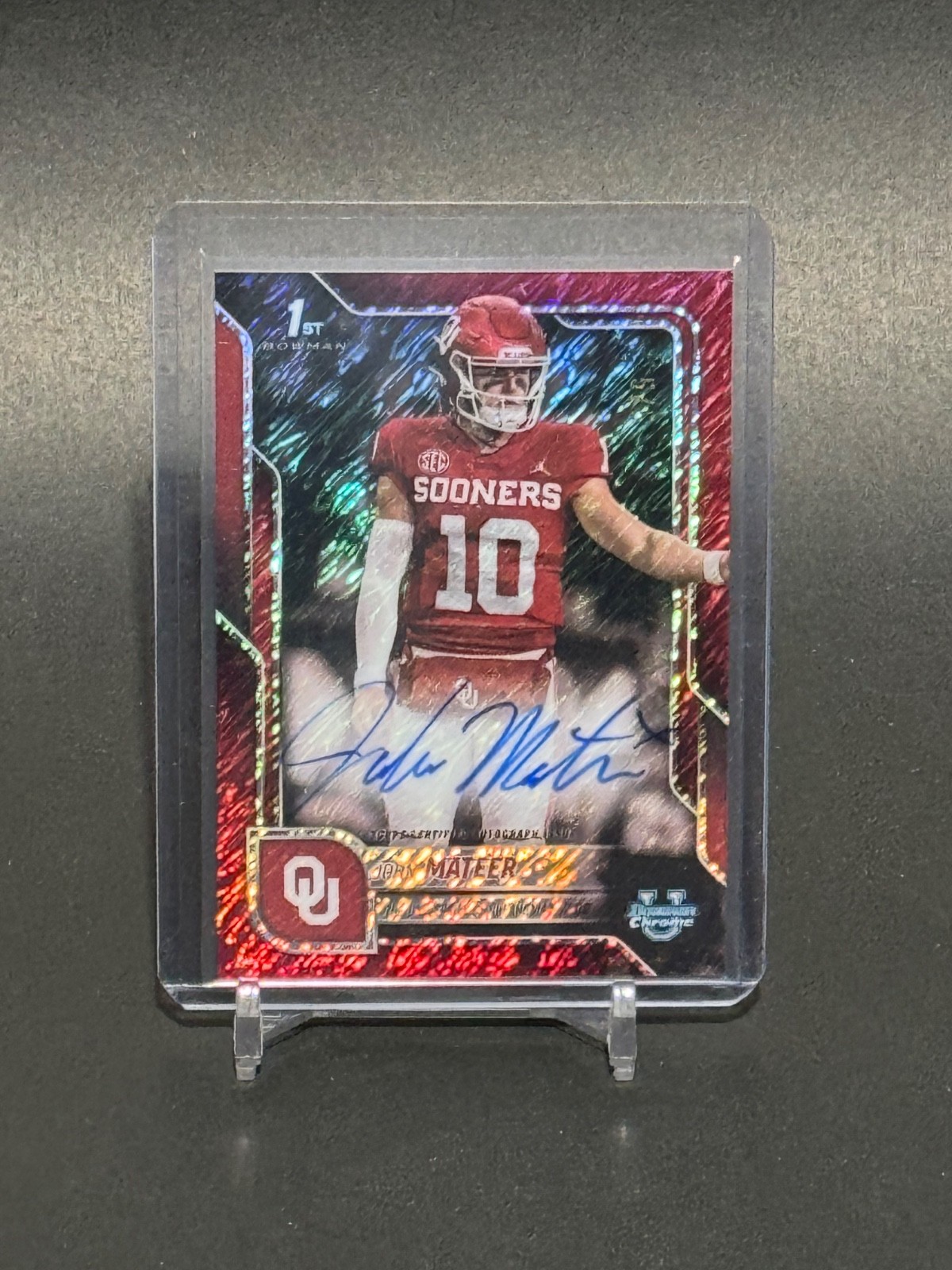 2025 Bowman Chrome U #BCA-JM John Mateer Rookie 1st Bowman Red Shimmer Auto 5/5