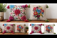 Pair Of Embroidered Throw Pillows Boho Floral Tassel Fringe 18x18 SARO Lifestyle