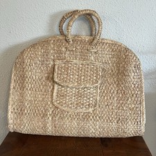 Vintage Large Woven Rattan Straw Tote Bag Beach Knitting Boho Pockets Mexico