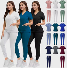 Women Medical Scrubs Set Solid Multicolor V-Neck Top Jogger Pants S Poly