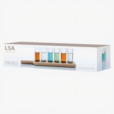 LSA International "Paddle" Six (6) Shot Glass Vodka Set & Oak Wood Board L: 40cm