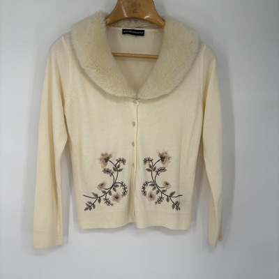 #ad Northern Reflections Cardigan Sweater Womens Small Ivory Faux Fur Collar Floral $29.69