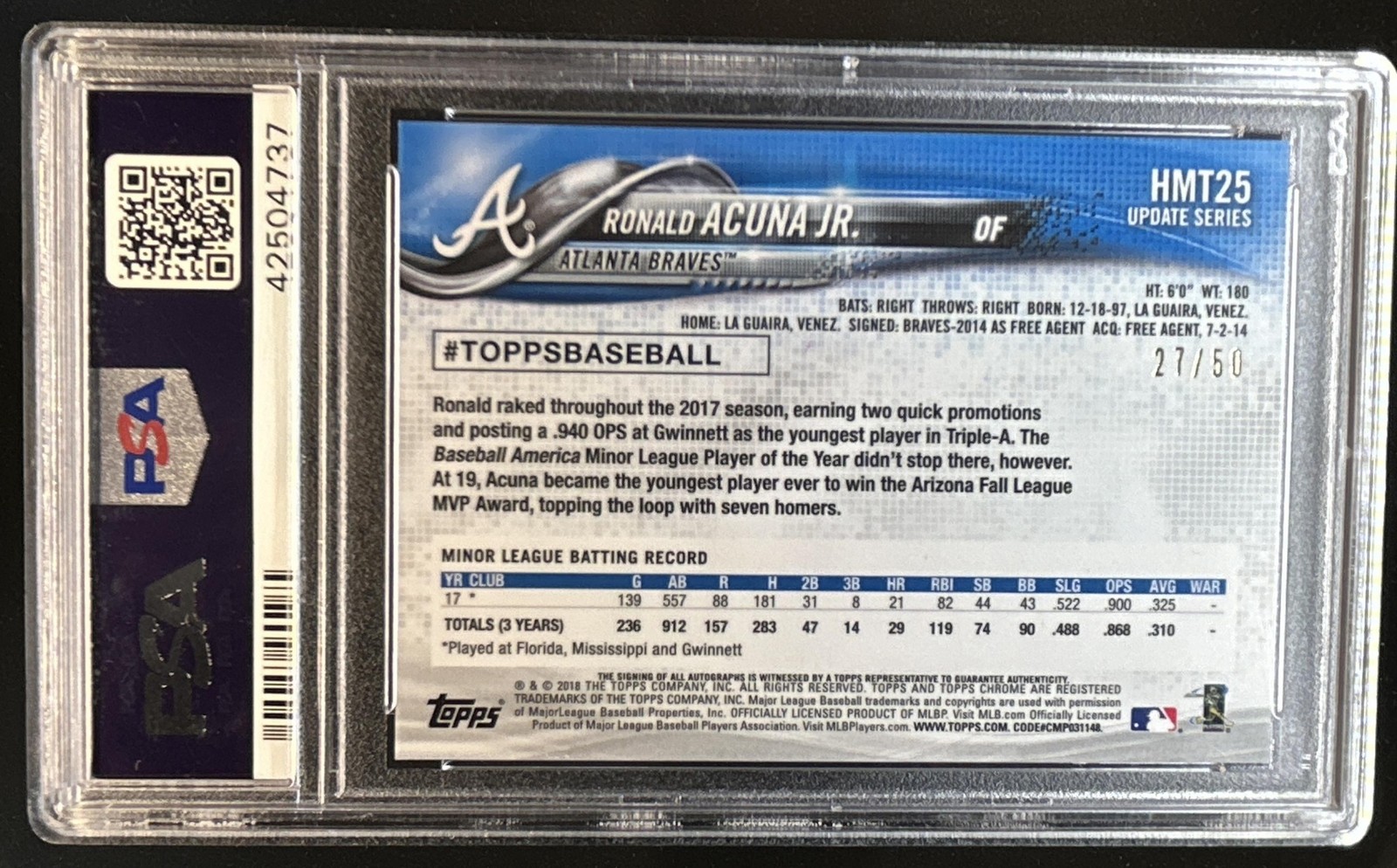 2018 Topps Chrome Update Ronald Acuna Jr. Auto RC Gold Refractor #/50 PSA 10 view 2